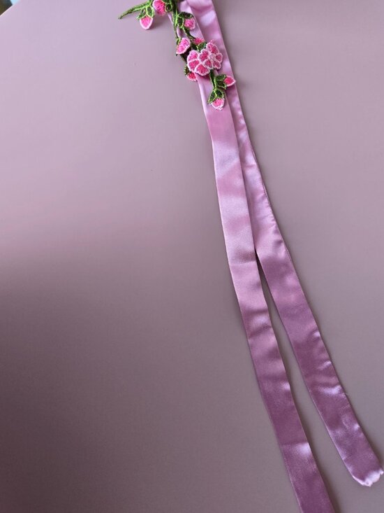 Handmade Pink and Fuchsia Embroidered Rose Patchwork Quilted Hair Sash